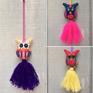 Handmade Embroidered Mexican Felt Owl Pom Pom Tass